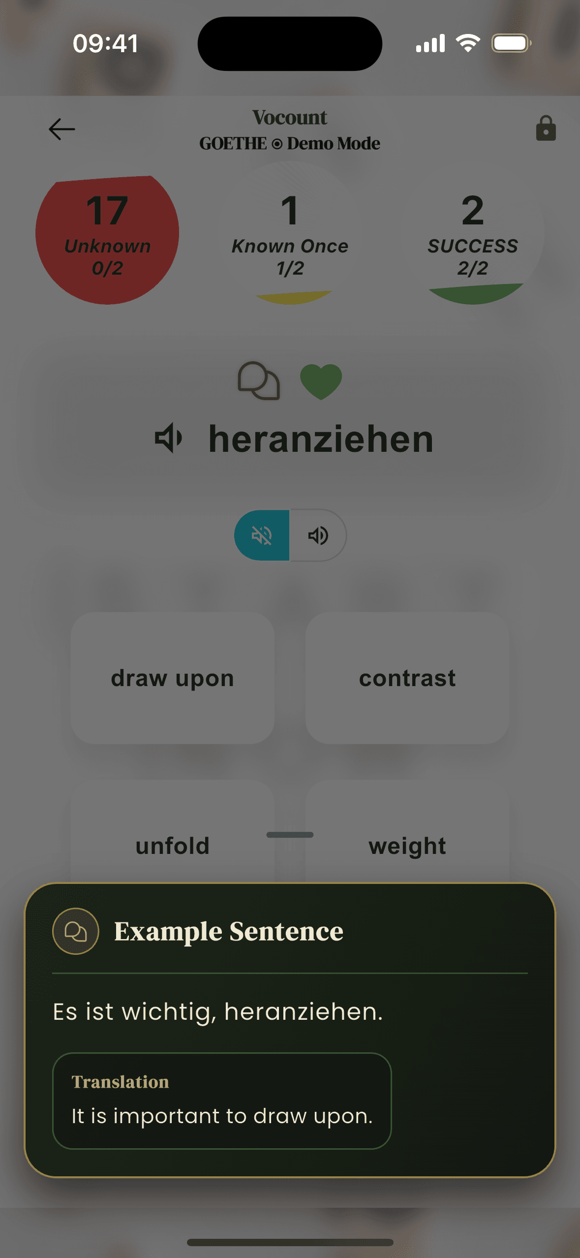Vocount card with pronunciation playback and example sentence. This screen represents both iOS and Android apps.